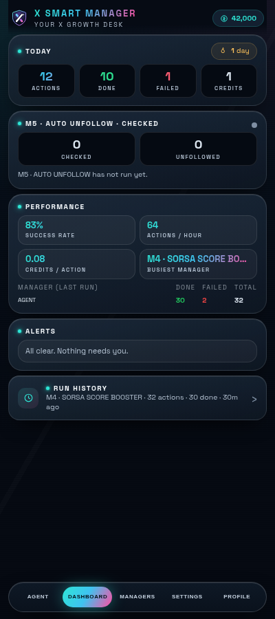 X SMART MANAGER side panel dashboard