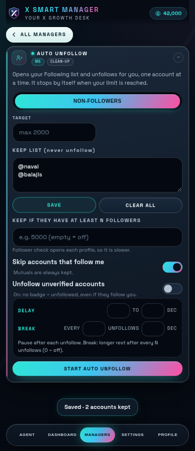 Auto Unfollow settings in X SMART MANAGER