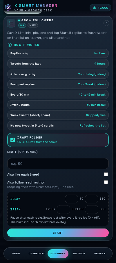 Grow Followers settings in X SMART MANAGER